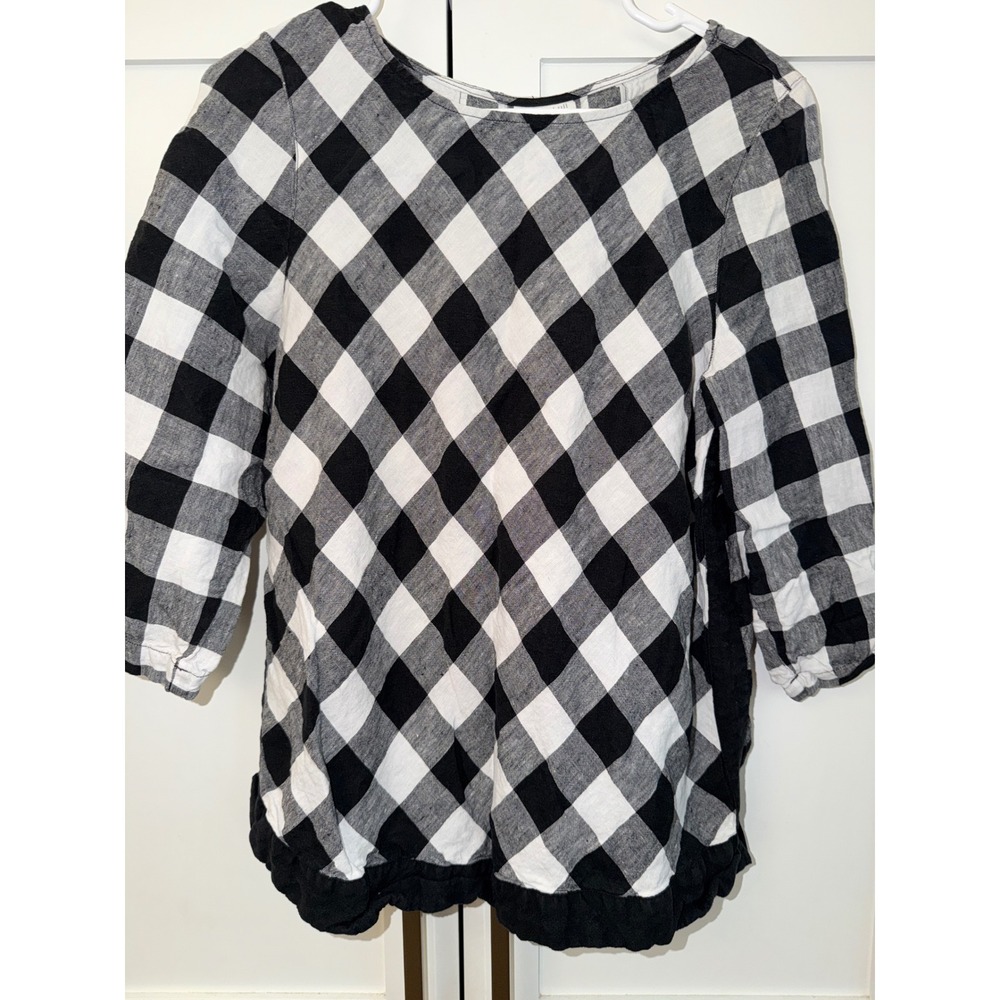 J. Jill Love Linen Buffalo Check Gingham Top Black White Ruffle Hem Medium